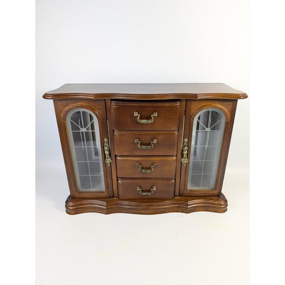 Vintage Large Wood Jewelry Armoire 2 Glass Doors, Mirrors, 4 Drawers Velvet 15" - Picture 1 of 13